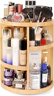 Rotating Bamboo Makeup Organizer, 360 Degree Spinning Adjustable Bamboo Vanity Makeup Holder Rack, Large Capacity Cosmetics Storage Display Box, Fits Makeup, Skincare, Cologne(5 Adjustable Layers)