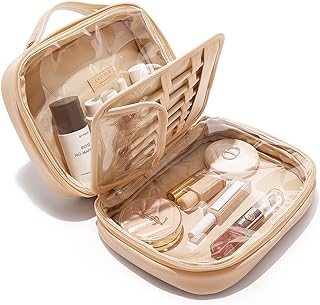 EACHY Travel Makeup Bag, Waterproof Cosmetic Bags for Women, Large Capacity PU Leather Make Up Organizer with Portable and Stylish (Beige)