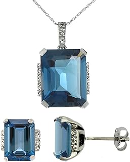 Silver City Jewelry 10K White Gold 0.05 cttw Diamond Natural London Blue Topaz Octagon 8x6mm Earrings & 16x12mm Pendant Set