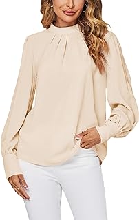 LYANER Women's Mock Neck Pleated Solid Long Sleeve Blouse Office Shirt Top