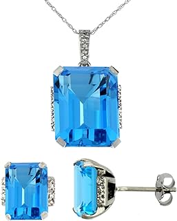 Silver City Jewelry 10K White Gold 0.05 cttw Diamond Natural Swiss Blue Topaz Octagon 8x6mm Earrings & 16x12mm Pendant Set