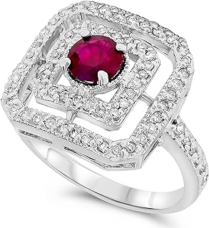 Jewelry Bliss 14k White Gold Round Red Ruby Gemstone and Diamond Halo Cocktail Ring Birthstone of July Size 6.5