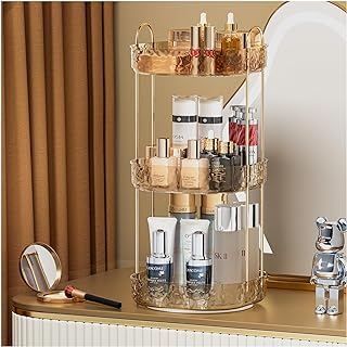 ZHIAI 360° Rotating Makeup Organizer with Perfume Holder - Bathroom Organizer for Countertop - Maximizes Storage Space with Stylish Design, 3 Tier Amber