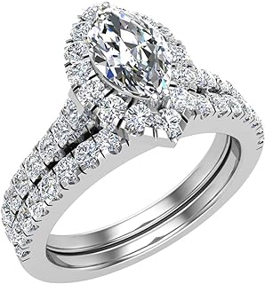 Marquise Cut Halo Diamond Wedding Ring Set 1.25 Carat Total 14K Gold