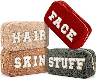 Paterr 4 Pcs Christmas Chenille Letter Preppy Patches Makeup Bag Plush Fuzzy Makeup Bag Hair Skin Face Stuff Bag Large Cosmetic Pouch Zipper Travel Toiletry Bag for Christmas Gift (Red Green Colors)