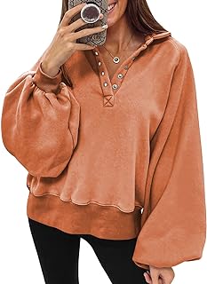 Womens 2023 Fashion Oversized Loose Lantern Sleeve Button Collar Pullover Sweatshirts Tops