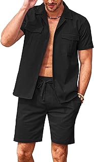 COOFANDY Men's 2 Piece Linen Sets Short Sleeve Button Up Shirt and Shorts Summer Casual Beach Outfits