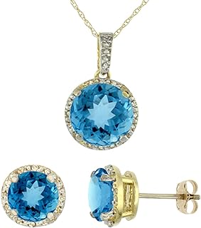 Silver City Jewelry 10K Yellow Gold Diamond Natural Swiss Blue Topaz 7mm Earrings & 11mm Pendant Round Set