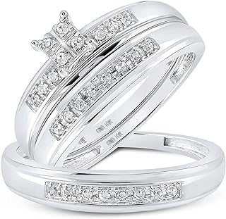 10K White Gold Prong Set Round Cut Diamond Mens and Ladies Couple His & Hers Trio 3 Three Ring Bridal Matching Engagement Ring Wedding Band Set - Square Princess Shape Center Setting - (1/5 cttw.) - P