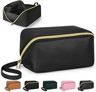 Makeup Bag Cosmetic Bag Waterproof Makeup Bags for Women Travel Toiletry Bag with Handle Portable Makeup Pouch Open Flat Make Up Organizer Bag for Travel Accessories, Toiletries, Brushes, Black