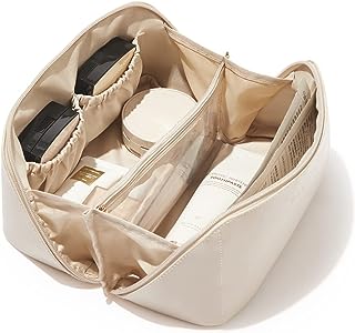EACHY Travel Makeup Bag,Large Capacity Cosmetic Bags for Women,Waterproof Portable Pouch Open Flat Toiletry Bag Make up Organizer with Divider and Handle (White, Medium)
