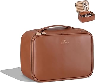 Pocmimut Travel Makeup Bag - Leather Make Up Bags Cosmetic Bags for Women, Large Makeup Organizer Bag with Brush Holder, Makeup Traveling Bag for Women Cosmetic and Toiletry (Brown)