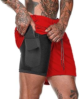 Men's 2 in 1 Running Shorts Workout Training Yoga Gym Sport Short Pants with Zipper Phone Pockets