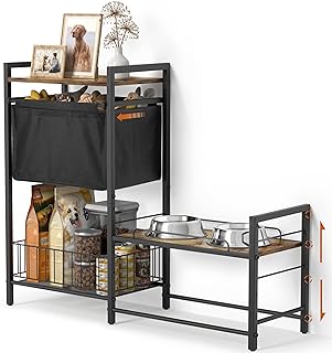 Elevated Dog Bowls, Raised Dog Bowl Stand with Dog Toy Bin Basket Dog Food and Water Bowl Feeding Station, Lifted Dog Bowl Holder Cabinet with Pet Storage Organizer for Large Medium Small Dogs