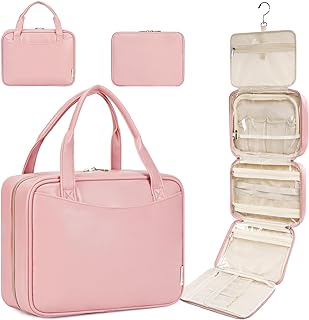 Toiletry Bag for Women, Hanging Travel Makeup Organizer with 5 Compartments, 2-in-1 Pu Leather Detachable Waterproof Toiletry Cosmetic Bag for Full Sized Toiletries