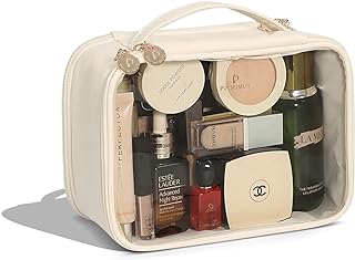 Pocmimut Travel Makeup Bag - Leather Double Layer Make Up Bag Clear Cosmetic Bag with Zipper, Large Makeup Bags for Women Cosmetic Toiletry, Makeup Organizer Bag with Detachable Brush Holder (Beige)