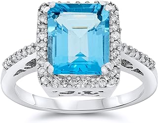 Jewelry Bliss 14k White Gold Blue Topaz Emerald Cut Genuine Gemstone and Diamond Halo Ring For Women Birthstone of December