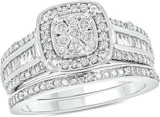 1/3cttw Baguette and Diamond Cluster Square Halo Engagement Ring with Matching Diamond Wedding Band for Women in 925 Sterling Silver, Women's Silver Square Halo Wedding Ring Set with Diamond Accents