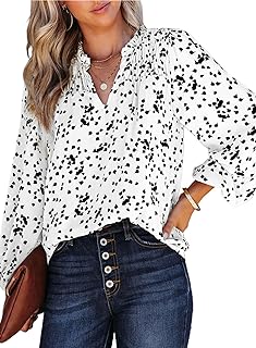 Dokotoo Women's Casual V Neck Alicia Floral Print Smocked Long Sleeve Chiffon Blouses Bohemian Top Shirts