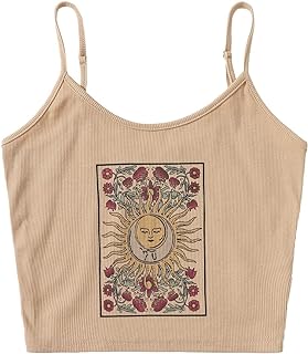 SOLY HUX Women's Spaghetti Strap Floral Sun Graphic Print Ribbed Knit Crop Cami Top