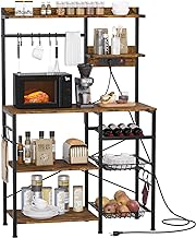 Furologee Kitchen Bakers Rack with Power Outlet, Microwave Stand with 5 Tiers Utility Storage Shelf, Coffee Bar Station Organizer with Wine Rack, Rustic Brown