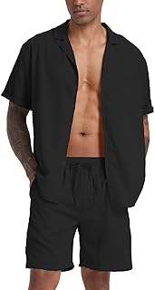 RPOVIG Men's Linen Shirts Shorts Outfits Beach 2 Pieces Sets Button Down Suit Casual Summer Tracksuit Vacation Clothes