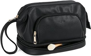 Telena Makeup Bag Large Capacity Travel Cosmetic Bags Double Layer Portable Leather Make Up Bag for Women Black