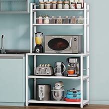 Denkee 31.5 Inch Width Bakers Rack for Kitchen, Industrial 5-Tier Microwave Stand with Storage, Freestanding Kitchen Stand Storage Shelf, Coffee Bar Station (White)