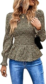 PRETTYGARDEN Women's Tops Casual Long Sleeve Crewneck Floral Print Smocked Ruffle Hem Slim Babydoll Blouse Shirt Tunics