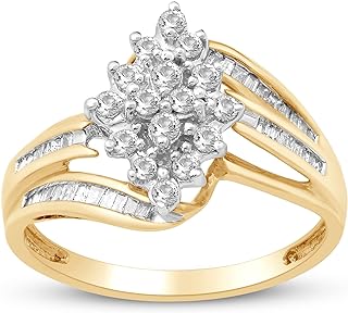 Jewelili 10K Yellow Gold 1/2 Cttw Natural White Round and Baguette Diamond Cluster Ring