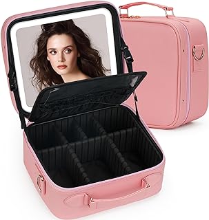Makeup Bag with Light Up Mirror, Adjustable Dividers Makeup Bag with Mirror, Waterproof Travel Makeup Bag with Lighted Mirror, Detachable Mirror Make Up Bag with Mirror and Light