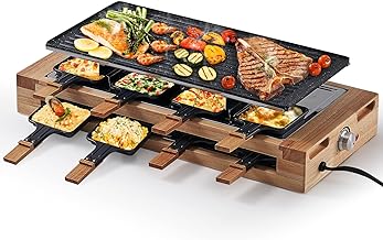 Indoor Grill, COKLAI Raclette Table Grill, 1500W Electric Grill Korean BBQ Grill with 2 in 1 Reversible Non-stick Plate, Cheese Raclette with 8 Trays & Wooden Spatulas, Wooden Base, New Model