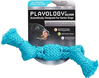 Playology Silver Dri-Tech Dental Rope Dog Toy, Medium - Designed for Senior Dogs (15-35lbs) - Engaging All-Natural Peanut Butter Scented Toy - Non-Toxic Materials and Moderate Chewing for Older Teeth