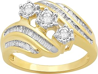 Jewelili 10K Yellow Gold with 3/4 Cttw Natural White Baguette and Round Cut Diamonds 3 Stone Engagement Ring