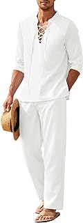 COOFANDY Men's 2 Piece Linen Set Long Sleeve Henley Shirts Casual Beach Pants With Pockets Summer Yoga Outfits