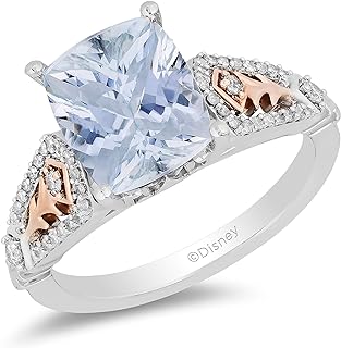 Jewelili Enchanted Disney Fine Jewelry Sterling Silver and 10K Rose Gold with 1/6 CTTW Diamond with Aquamarine Elsa Engagement Ring