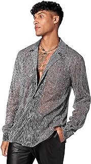 WDIRARA Men's Sheer Mesh See Through Glitter Button Front Long Sleeve Shirt Tops
