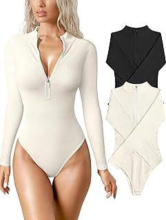 OQQ Women's 2 Piece Bodysuits Sexy Ribbed One Piece Zip Front Long Sleeve Tops Bodysuits