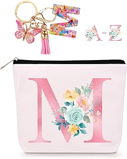 Personalized Makeup Bag with Initial Keychain, Custom Travel Initial Makeup Bag, Birthday Gifts for Women Girl Bridesmaid Teens Teacher, Monogram Small Cosmetic Bag Pouch, Preppy Toiletry Bag (M)