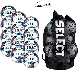 Select Diamond Soccer Ball, 12-Ball Pack with Duffle Ball Bag and Hand Pump, White/Blue/Red V22, Size 5