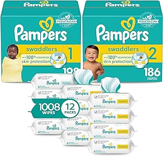 Pampers Baby Diapers and Wipes Starter Kit, Swaddlers Disposable Sizes 1 (198 Count) & (186 with Sensitive Water Based 12X Multi Pack Pop-Top Refill (1008