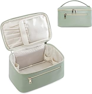 Wandering Nature Makeup Bag, Travel Make Up Organizer Cosmetic Brush Bags Case for Women in Eco Vegan Leather, Green
