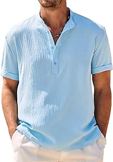 COOFANDY Men's Casual Henley Shirt Band Collar Short Sleeve Shirt Summer Beach Hippie Shirt