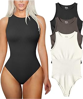 TOB Women's 3 Piece Bodysuits Sexy Ribbed Sleeveless Halter Neck Shapewear Bodysuits