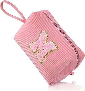 Pink Corduroy Makeup Bag, FUZVOL Small Cosmetic bag, Make Up Bag Organizer, Cute Preppy Stuff Personalized Gifts for Women,Travel Essentials Toiletry Bag,Small Makeup Pouch,Monogrammed Gifts, Letter M