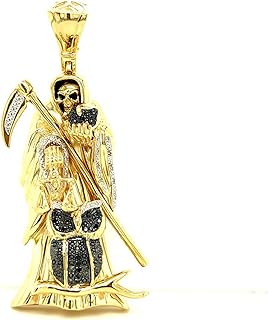 10K Yellow Gold Diamond Santa Muerte Grim Reaper Pendant For Men and Women | 2.9 x 0.9 inch Round Cut Real White Diamond Holy Death Santa Muerte Mens Pendant 0.20 CT | Unisex Custom Jewelry Gift for H