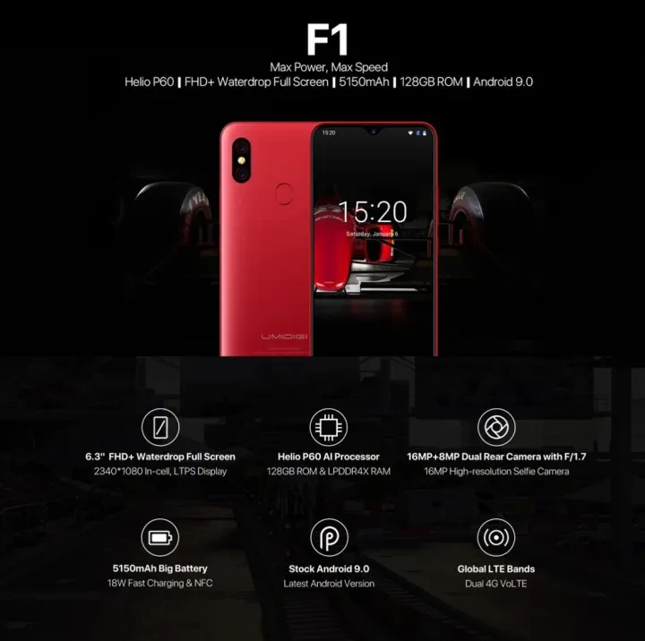 UMIDIGI F1, 4GB+128GB, EU Version, Dual Back Cameras, 5150mAh, Face ID & Fingerprint Identification, 6.3 inch Full Screen Android 9.0 MTK Helio P60 Octa Core up to 2.0GHz, Network: 4G, OTG, NFC, Dual 