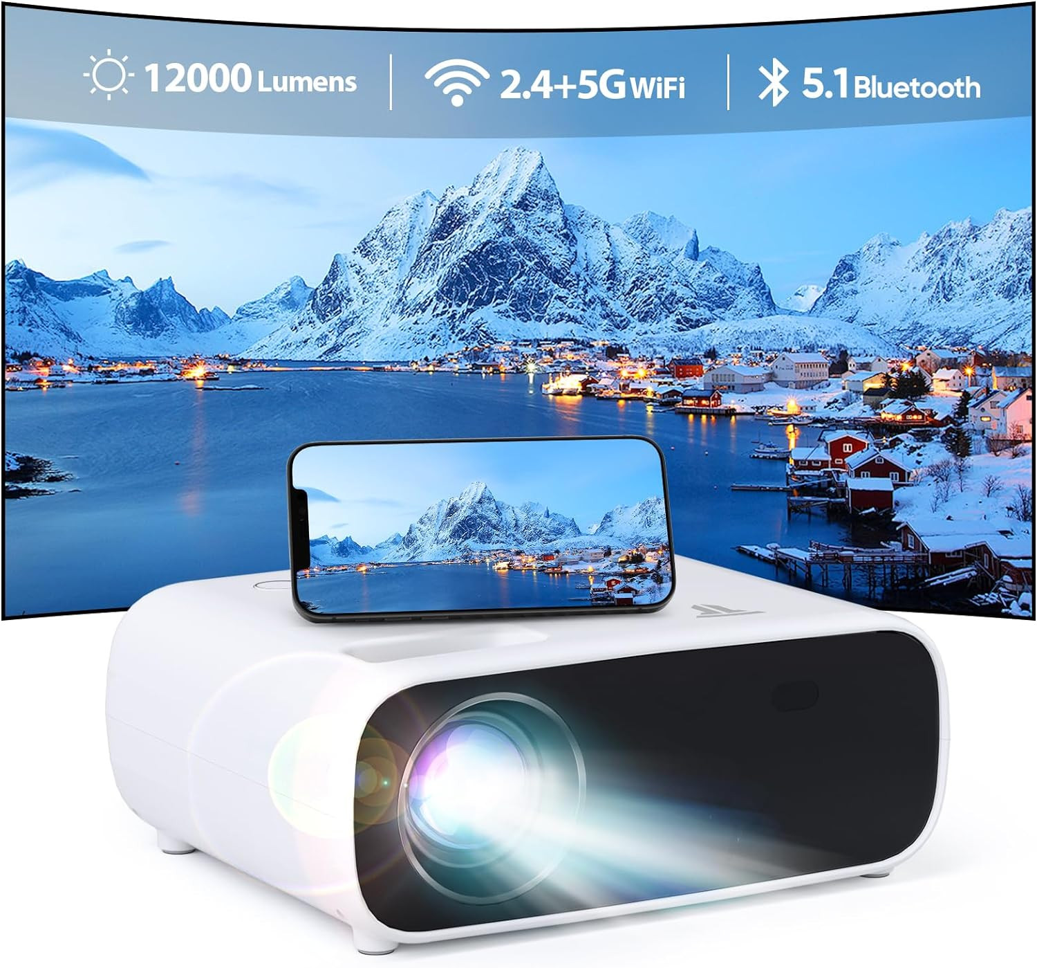Projector with Wifi and Bluetooth, Native 1080P 12000 Lumen 4K Portable Home Video Projector , Compatible with iOS/Android/Laptop/HDMI/PC/ TV Stick