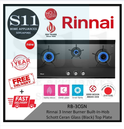 Rinnai RB-3CGN 3 Inner Burner Built-In Hob Schott Ceran Glass (Black) Top Plate + 1 Year Local Warranty