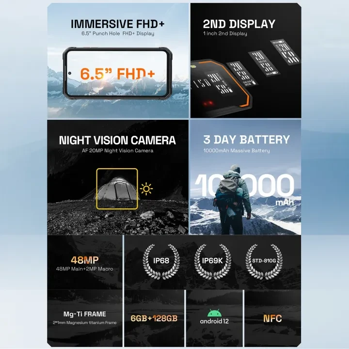 IIIF150 B1 Pro Rugged Phone, Night Vision, 6GB+128GB, IP68/IP69K Waterproof Dustproof Shockproof, Dual Back Cameras, Side Fingerprint Identification, 6.5 inch Android 12 MediaTek Helio G37 MTK6765 Oct
